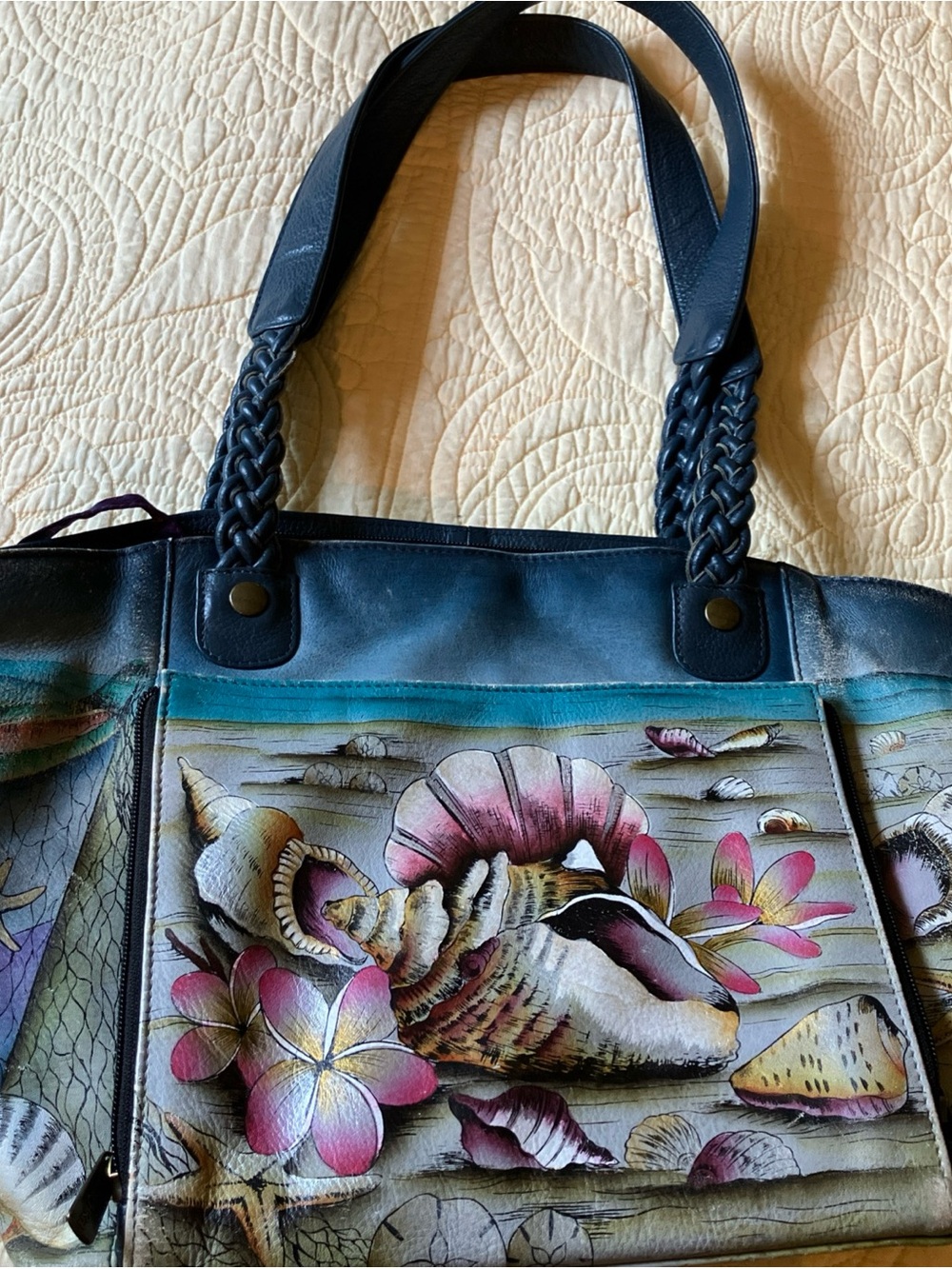 Anuschka Hand-Painted Seashell Tote in Teal, Pink and Cream w/ Dust Cover